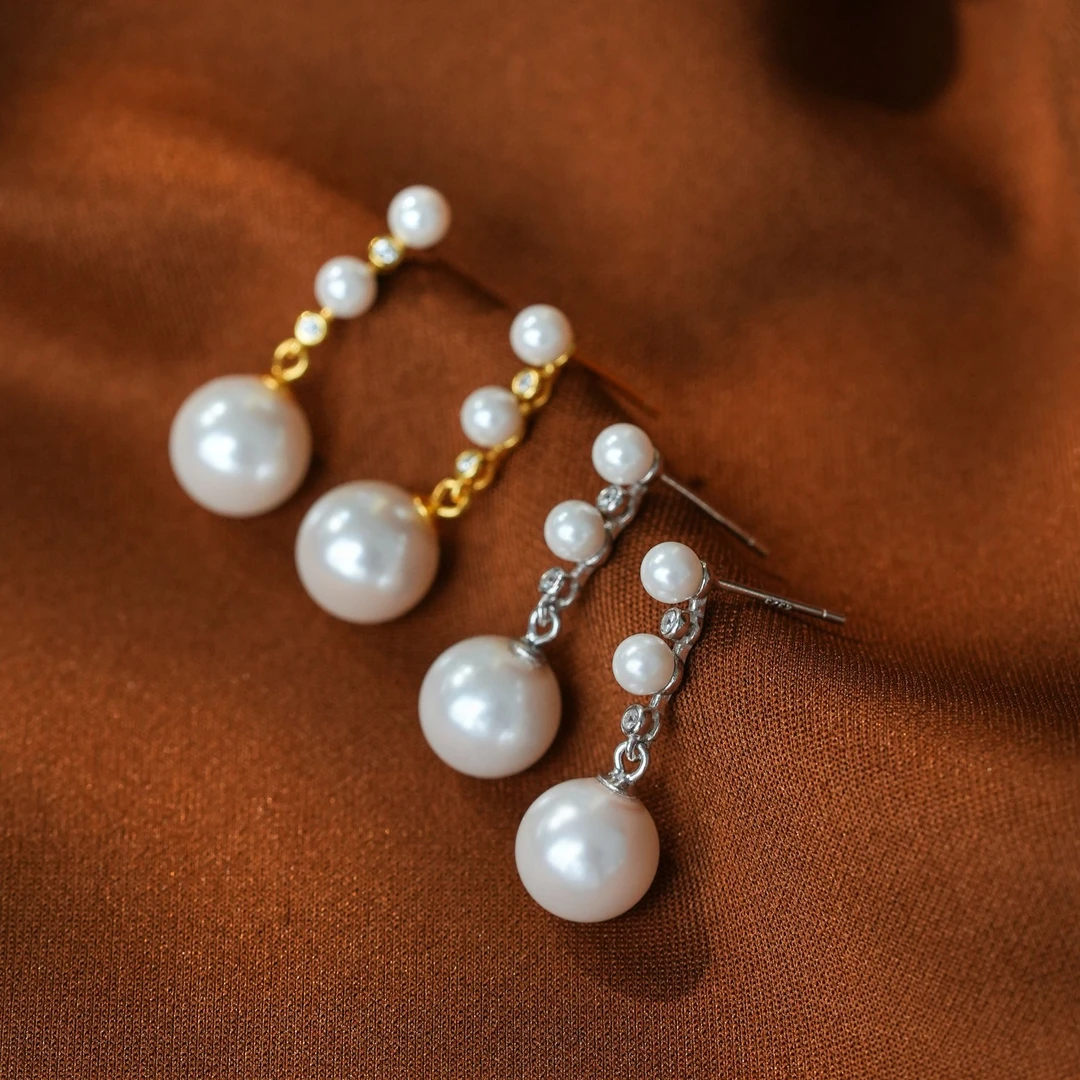 丽沁 925银耳饰 法式满天星珠珠耳钉女气质长款纯银耳饰优雅耳环