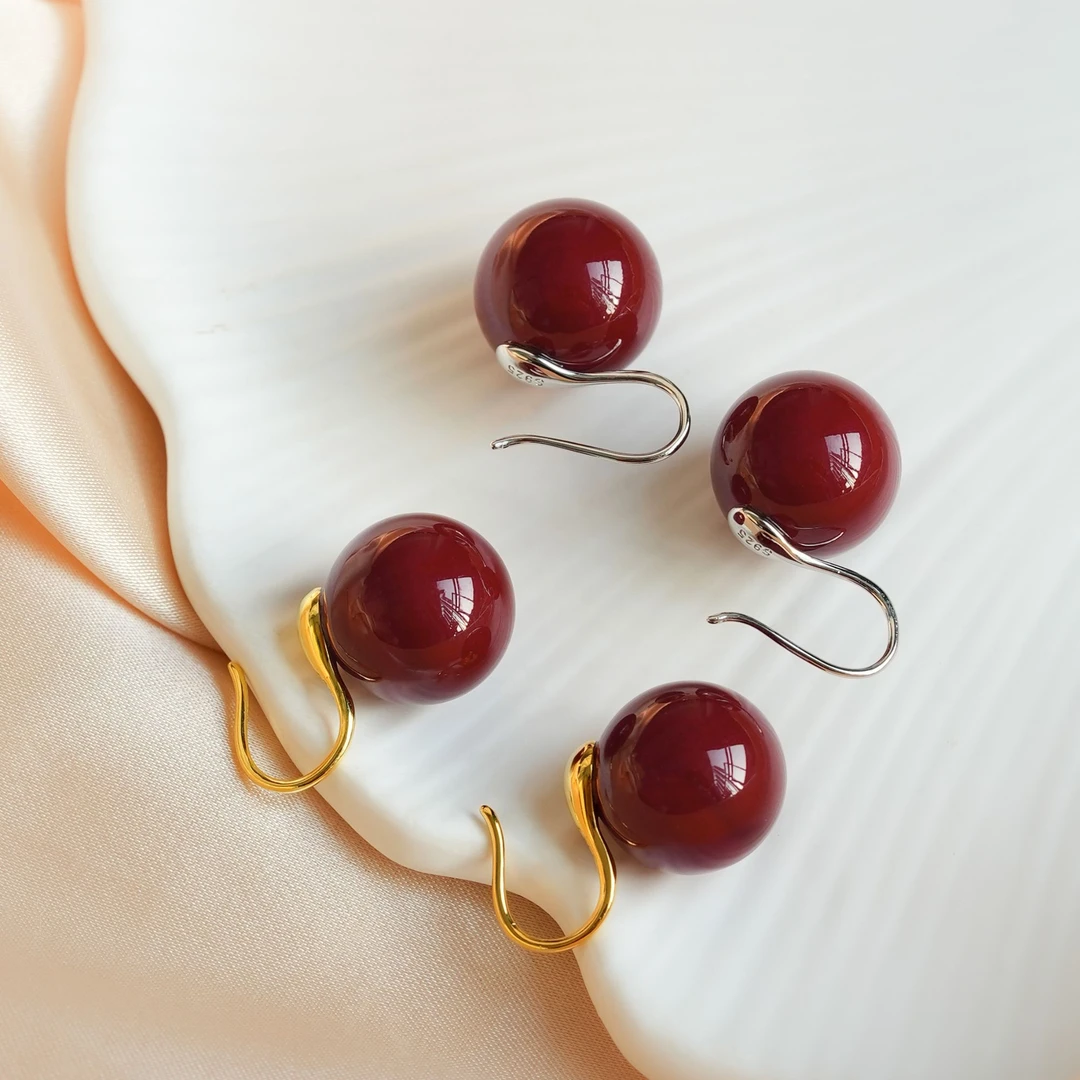 丽沁 925银耳饰 复古酒红色珠珠天鹅颈耳钩港式气质银耳饰小众