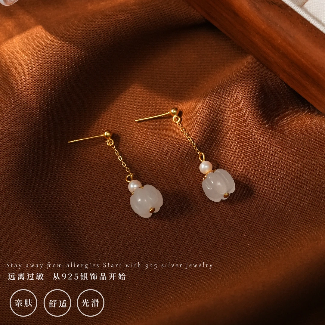 丽沁 925银耳饰 国风高级感南瓜珠珠耳钉女简约流苏耳环