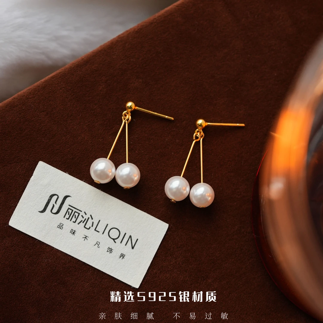 丽沁 925银耳饰 樱桃流苏耳钉秋冬新款气质复古法式简约小巧耳环