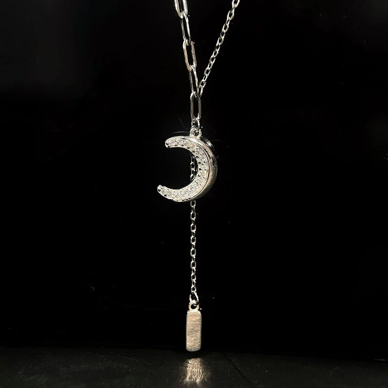 坠链均925银合成锆石 S925银镶钻月亮流苏项链时尚超仙锁骨链
