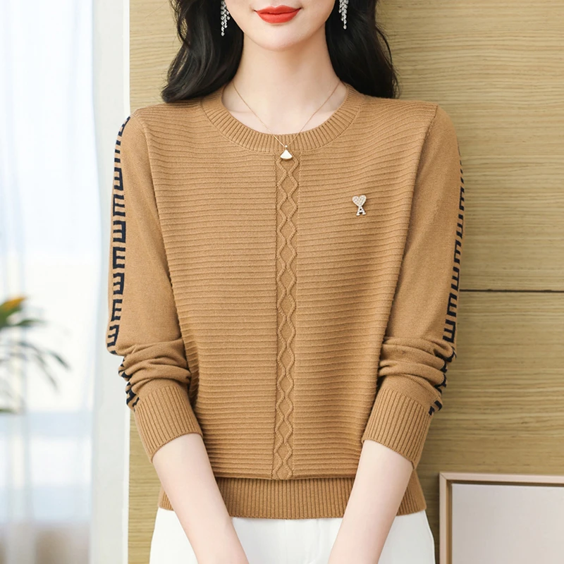 羊毛衫2024春秋新款女圆领宽松套头时尚百搭打底衫洋气妈妈针织衫