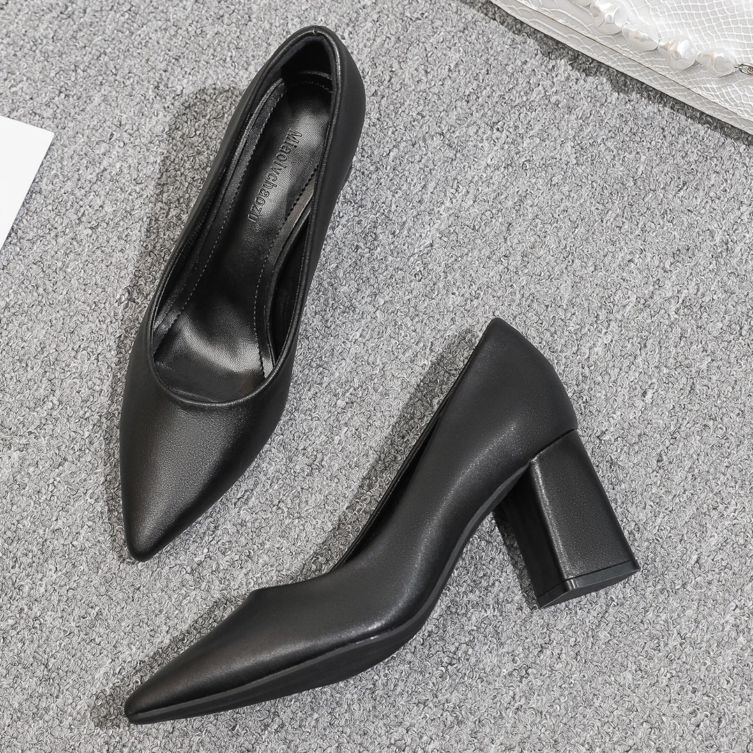 羊皮职业工作鞋黑色粗跟高跟鞋不累脚尖头单鞋lo鞋上班不累脚女鞋