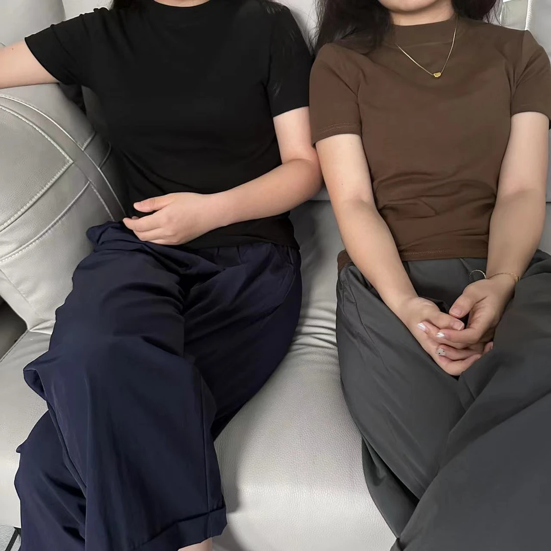 （人棉+氨纶）女士打底T恤小立领正肩修身显瘦针织时尚百搭纯色ins