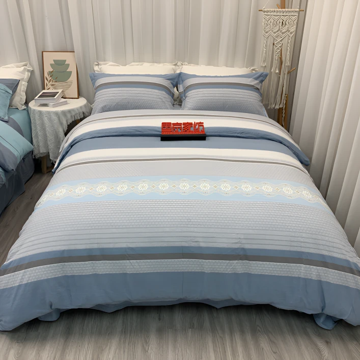 雪京 现货 新款 加厚纯棉全棉四件套 简约条纹款床上用品四件套，