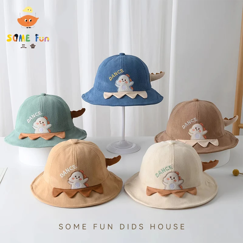 婴儿帽子春秋薄款儿童盆帽卡通恐龙遮阳帽男女童新款可爱渔夫帽