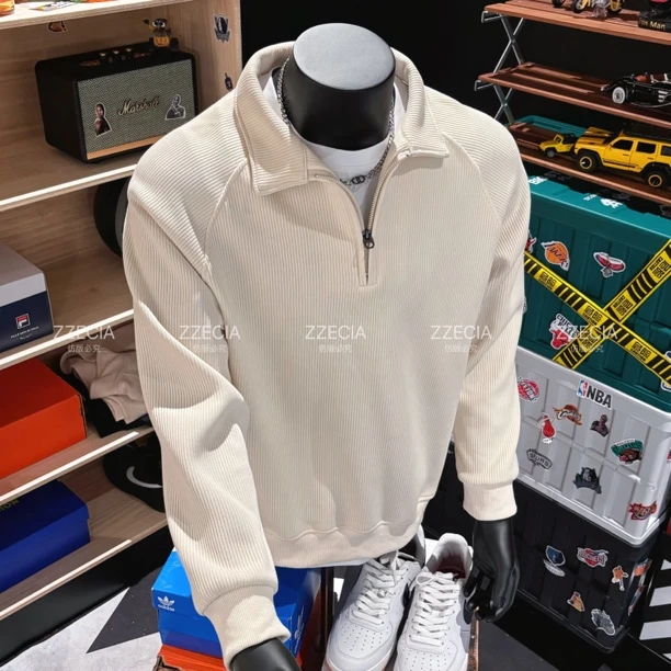 【清货5店专属】ZZECIA秋冬翻领加绒加厚高棉感拉链坑条肌理感卫衣