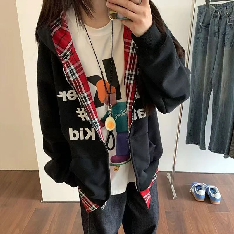 特大码300斤秋冬通勤美式ins复古假两件格子拼接连帽卫衣外套男女