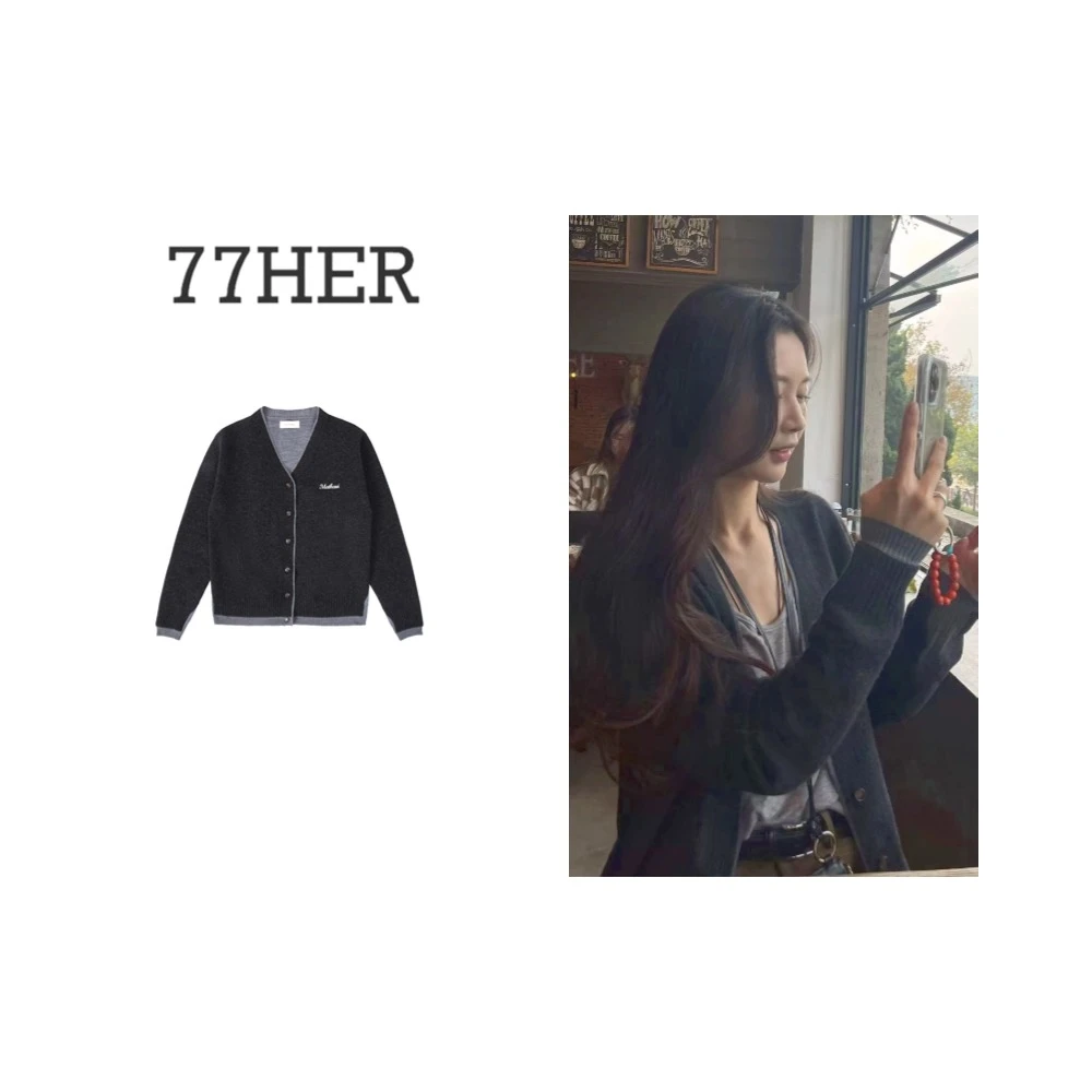 77her 撞色休闲风刺绣logo黏胶双拼羊毛针织开衫
