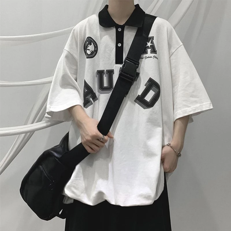 美式休闲短袖T恤男女夏季翻领半袖大码复古潮牌polo衫宽松五分袖