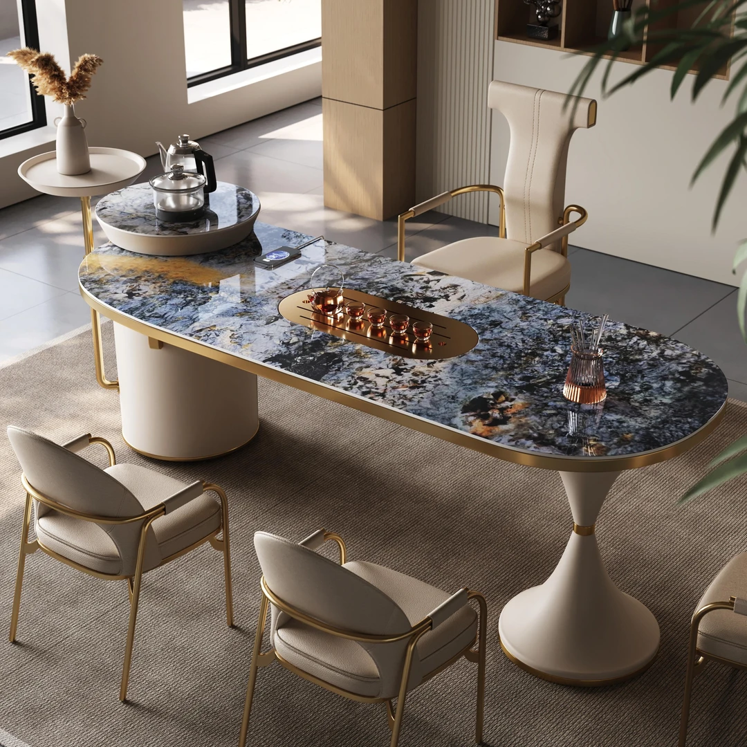 奢石岩板茶桌书桌高端轻奢功夫茶台家用客厅泡茶桌椅一整套办公室