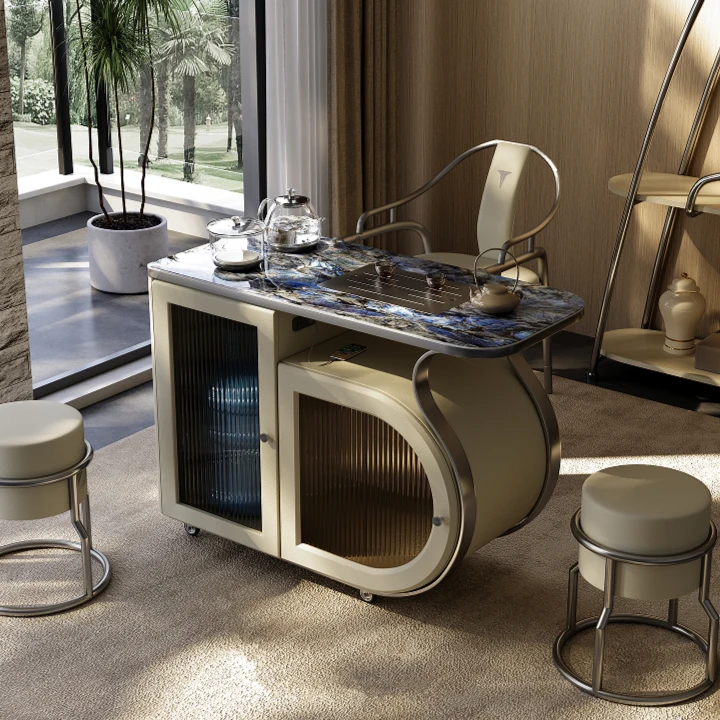 新款 奢石岩板灰钢 茶车小户型家用阳台客厅茶桌烧水壶一体可移动