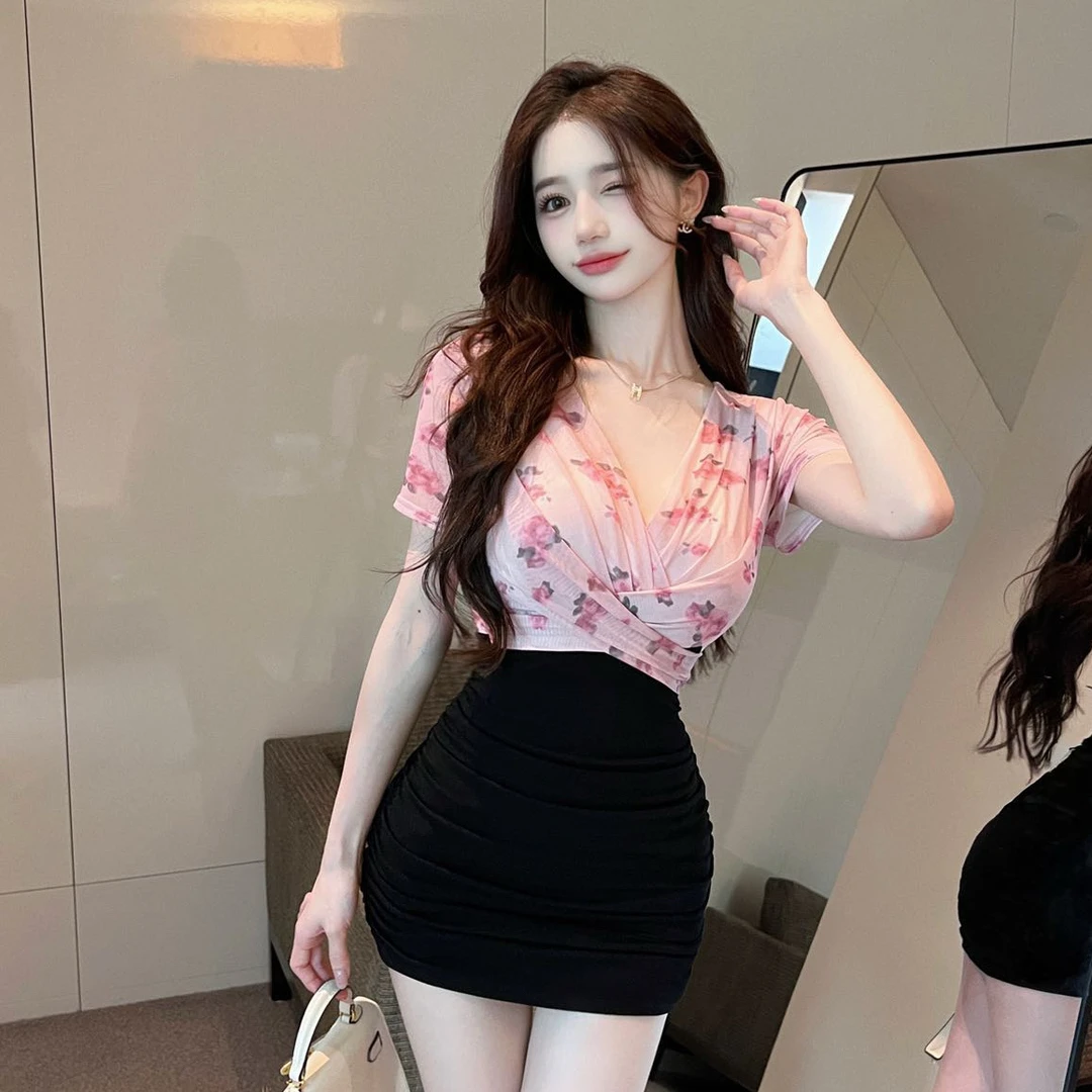 8282工作修身包臀裙性感网纱印花短袖撞色包臀打底辣妹连衣裙夏季