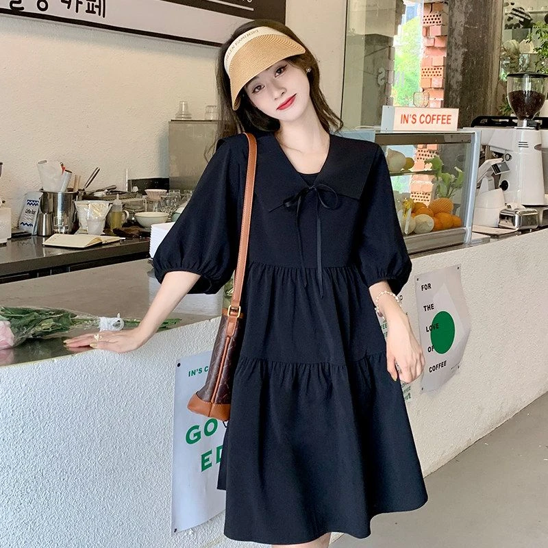 连衣裙女夏季新款显瘦宽松复古灯笼泡泡袖小个子娃娃领超仙女裙子