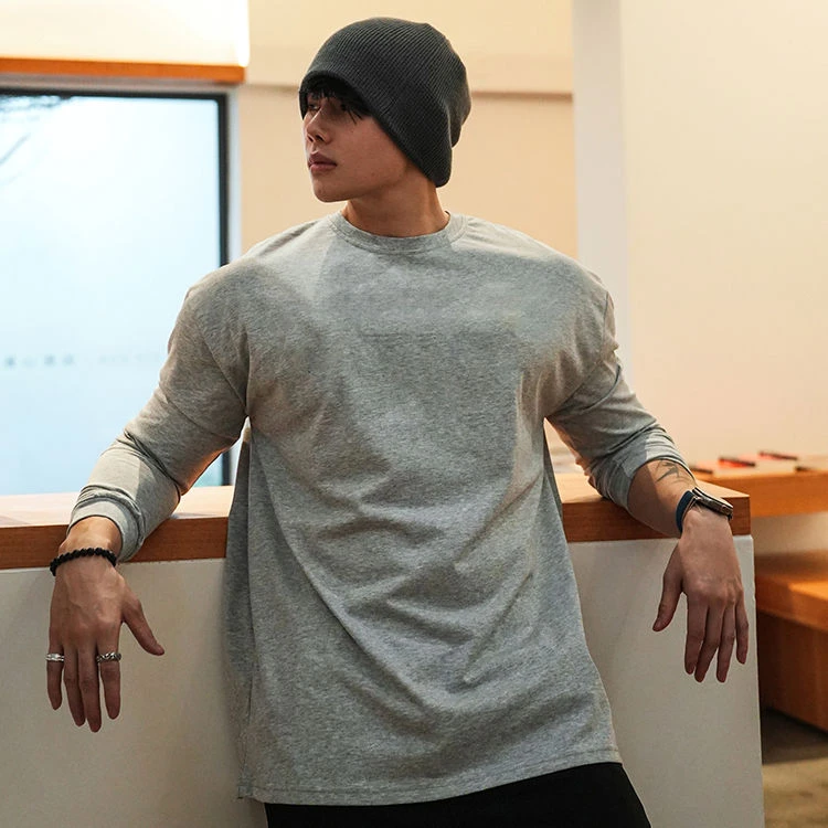 秋冬男士宽松运动休闲健身服长袖T恤圆领纯色打底衫跑步训练服男