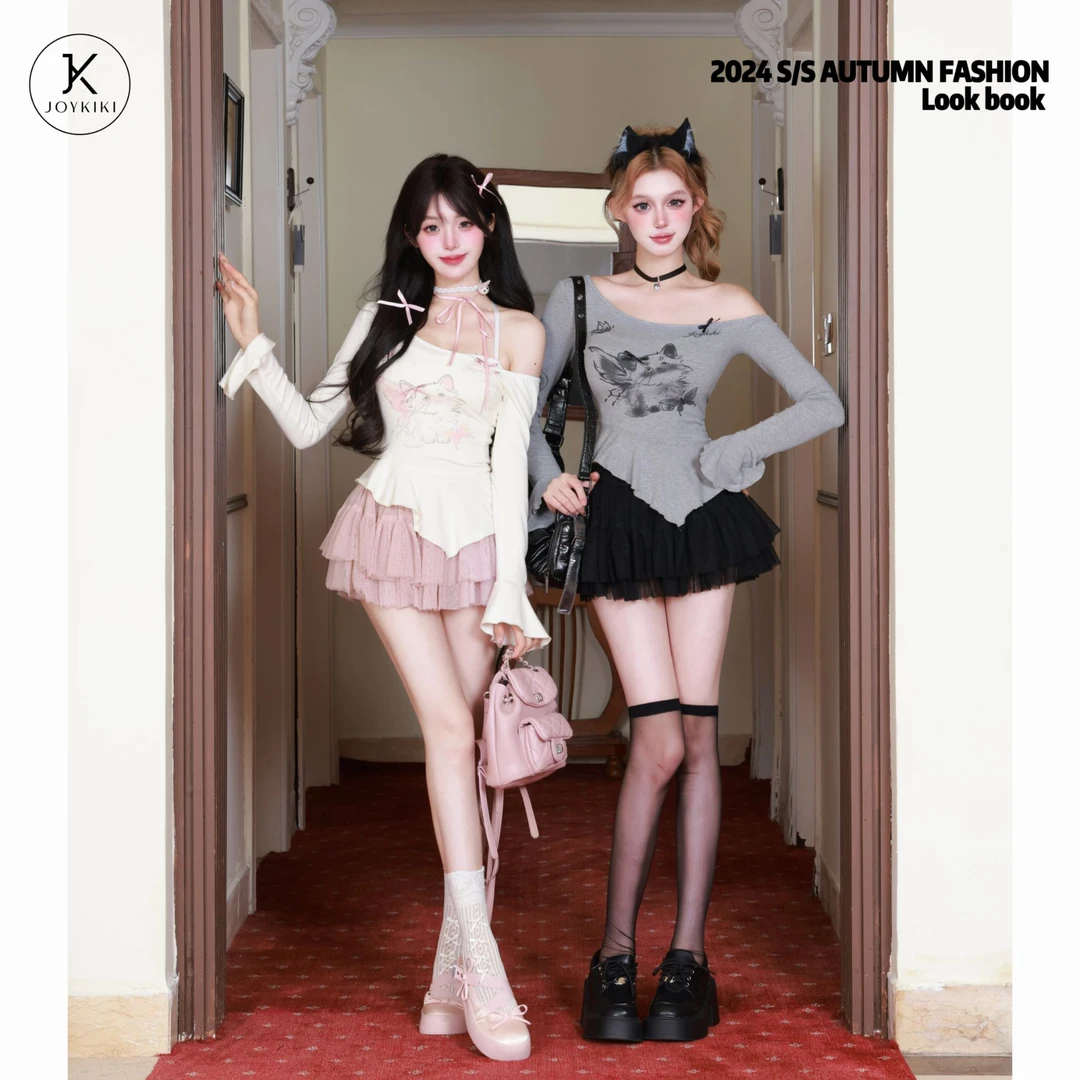 JOY KIKI金金【猫系女友】秋季原创印花显瘦撞色弹力T恤 J24C326