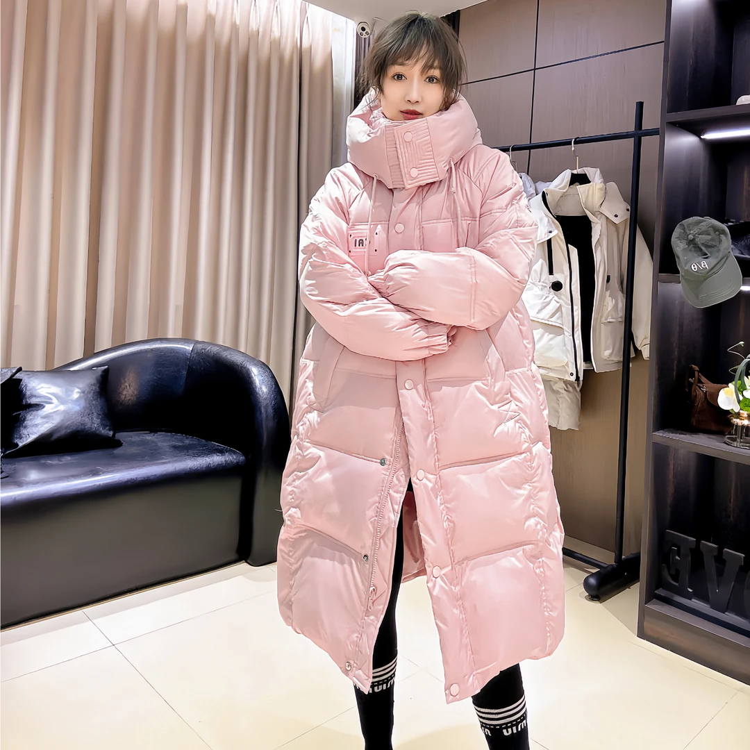 网红高级感韩版中长款羽绒棉服女冬新款粉色连帽棉衣加厚棉袄过膝