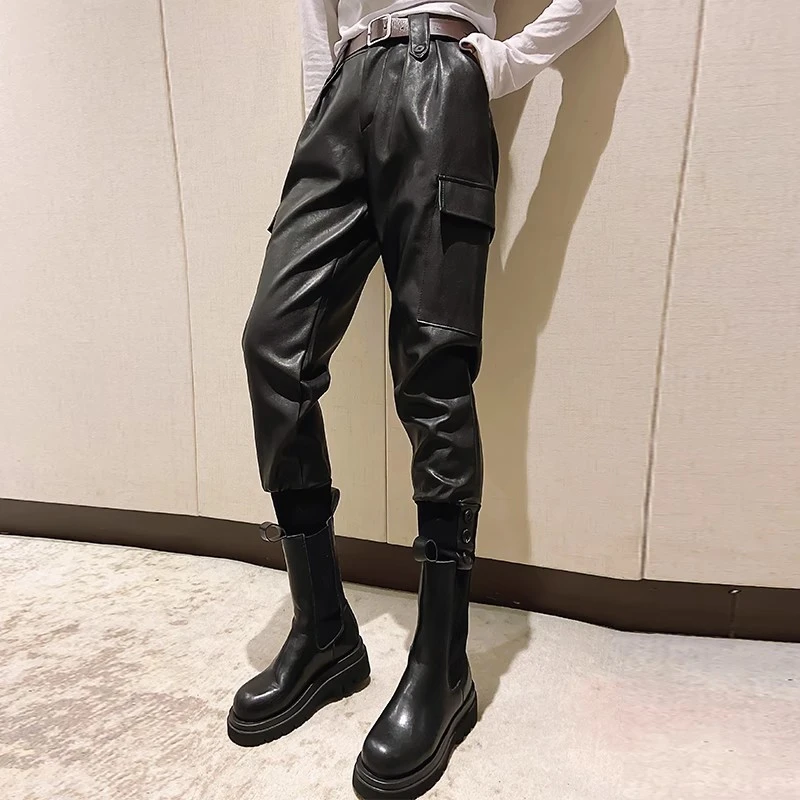 皮裤女外穿高腰显瘦宽松黑色哈伦裤女春秋冬季加厚萝卜裤束脚长裤