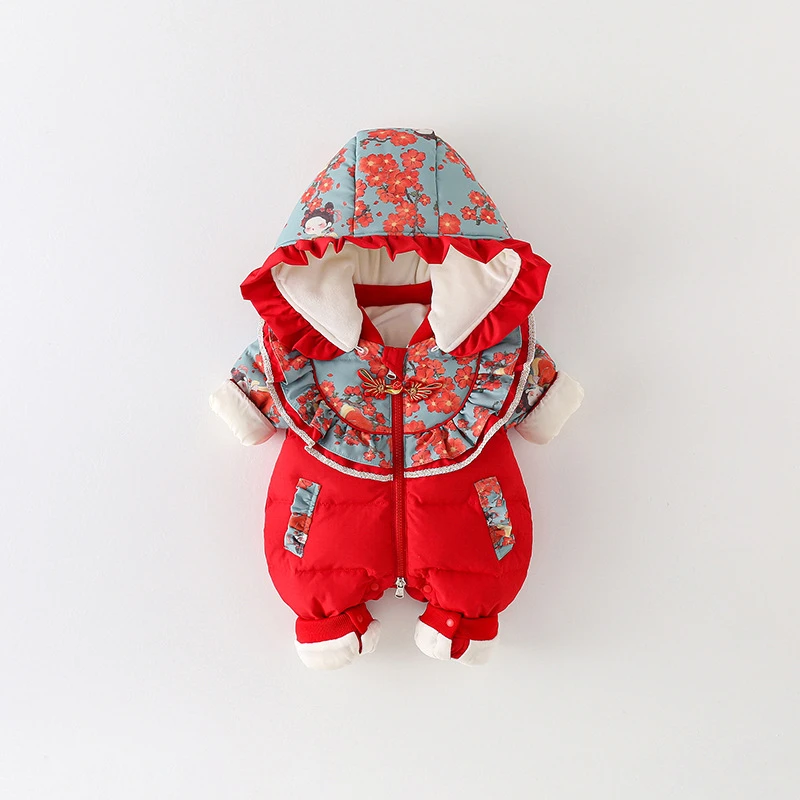 婴儿冬季羽绒服加绒加厚公主百天哈衣女宝宝新年拜年服喜庆外出服