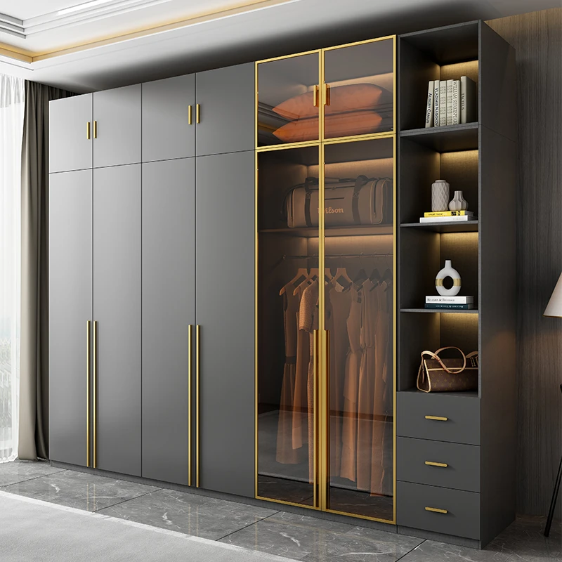 友知实木衣柜玻璃门卧室轻奢平开门衣帽间三四五六八门灰色大衣橱