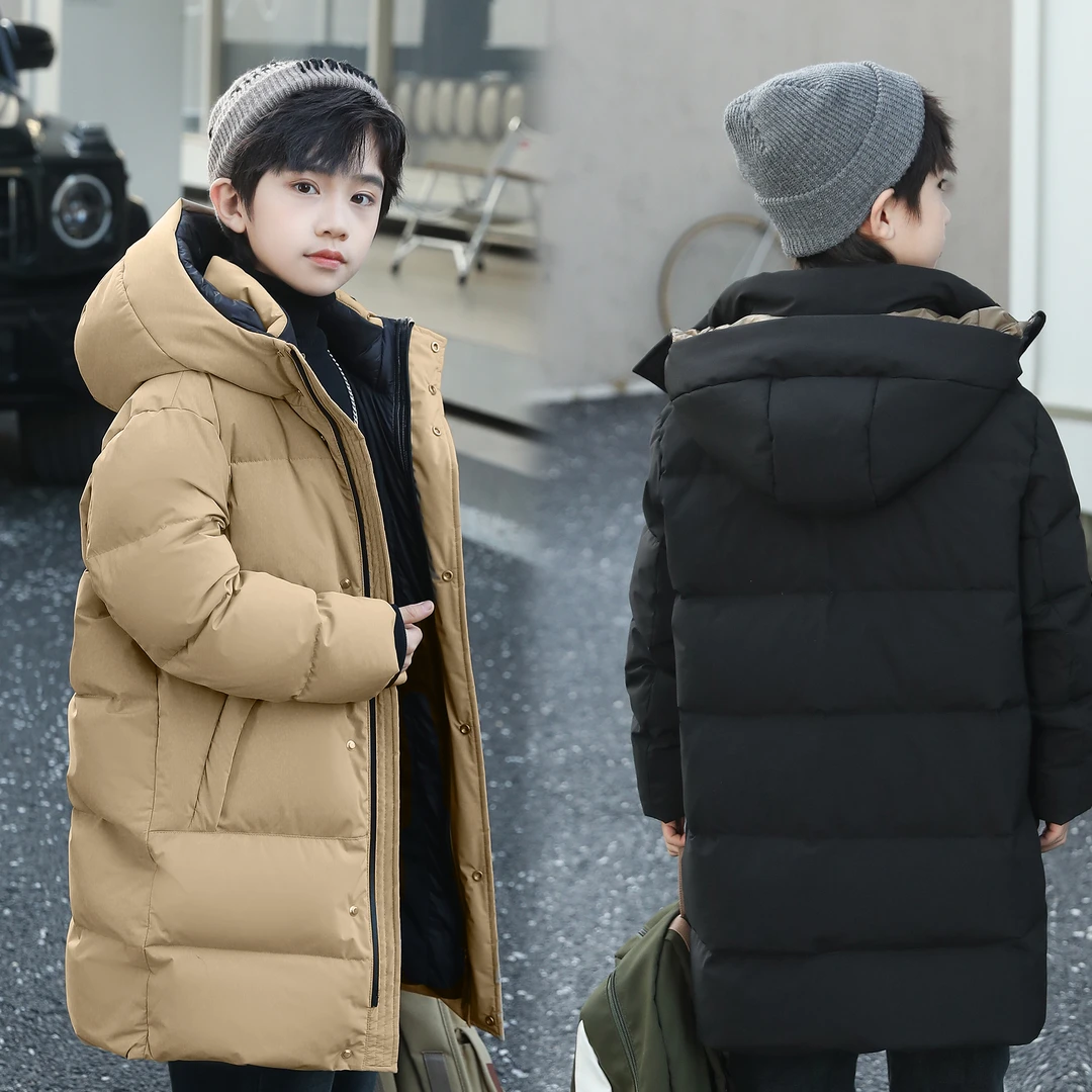 (90白鸭绒)儿童中长款羽绒服男童23新款中大童潮流连帽加厚面包服