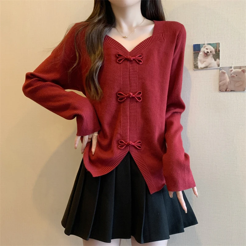 【新中式】胖胖大码女装新款胖MM盘扣复古开叉针织不规则红色毛衣