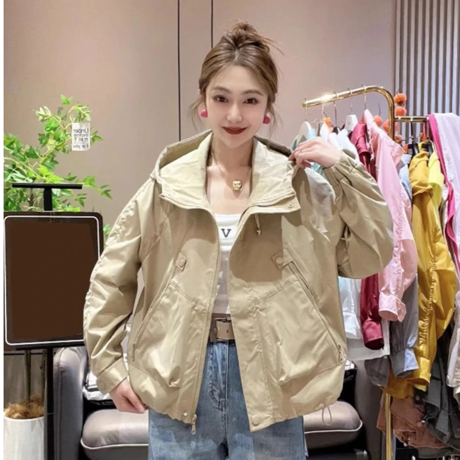 洋气时尚纯色休闲拉链抽绳短外套女春秋新款连帽百搭宽松冲锋衣潮