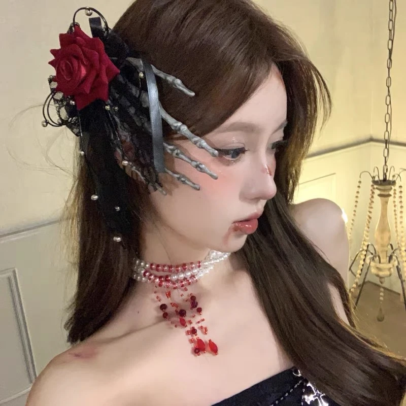 万圣节头饰骷髅手爪发夹暗黑哥特红玫瑰花朵发饰拍照道具装扮配饰