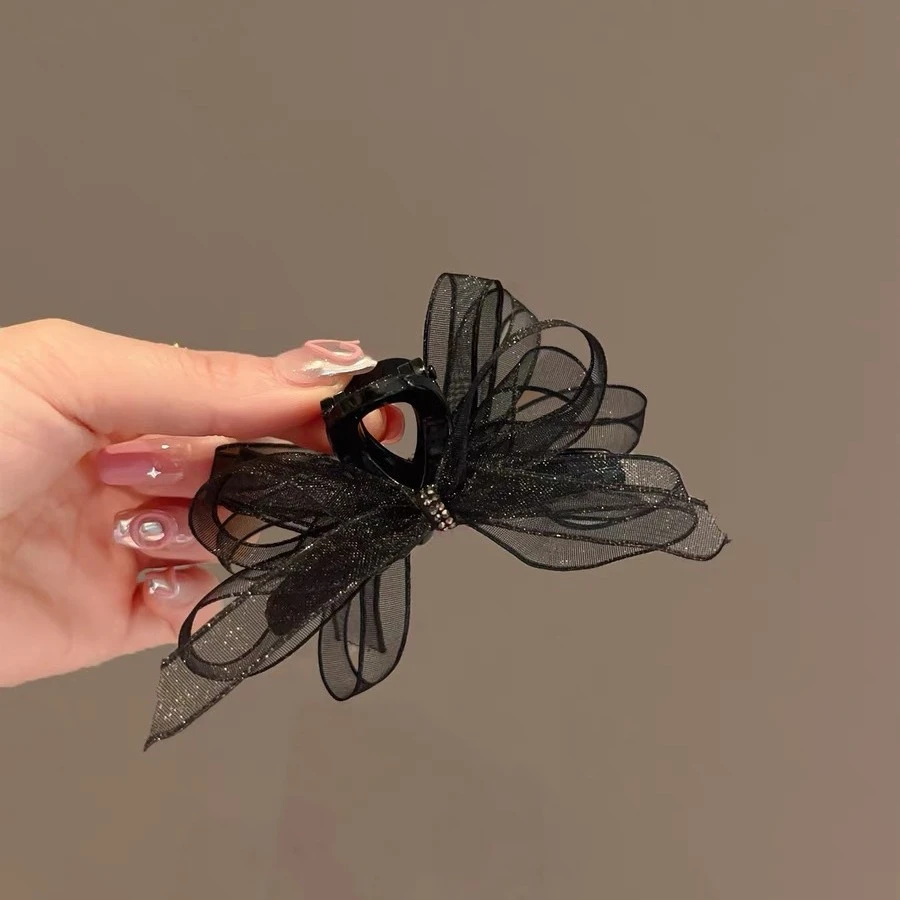 韩国仙气气质优雅欧根纱蝴蝶结抓夹甜美少女刘海侧边夹发夹发饰新