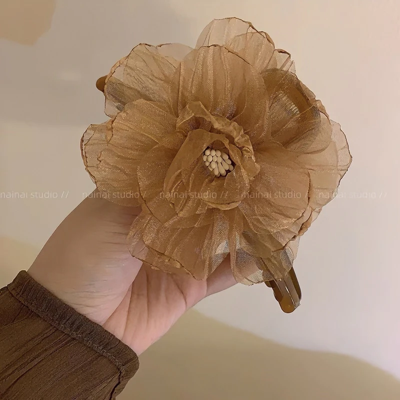 复古新中式！美拉德风花朵抓夹大号头花后脑勺盘发民族风鲨鱼夹女