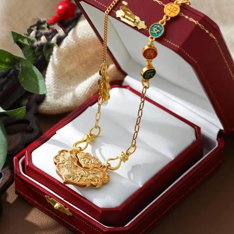 铜合金仿珍珠项链 TF July【鲤鱼平安】国风复古镀金平安锁吊坠