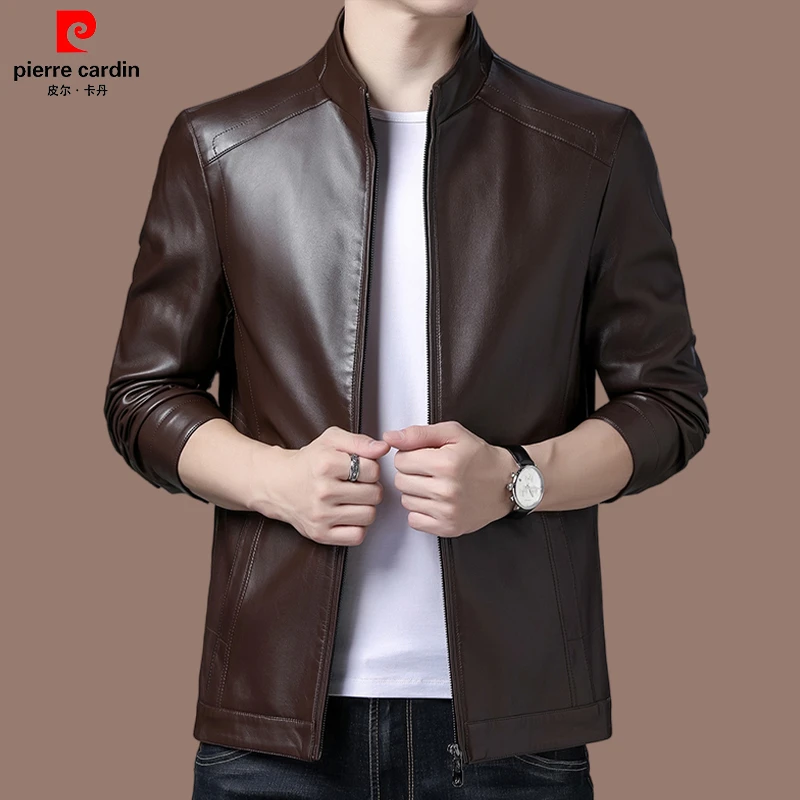 【皮尔卡丹官方正品】高档男士商务休闲皮衣秋冬季纯色百搭立领夹克