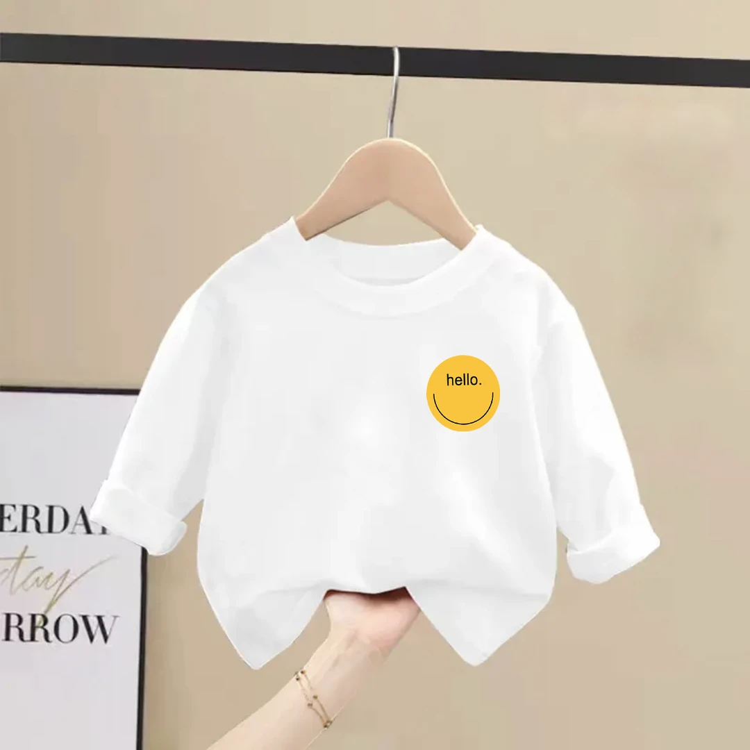 2025春秋新款100%棉儿童长袖t恤时尚白色印花上衣男女童打底衫潮T