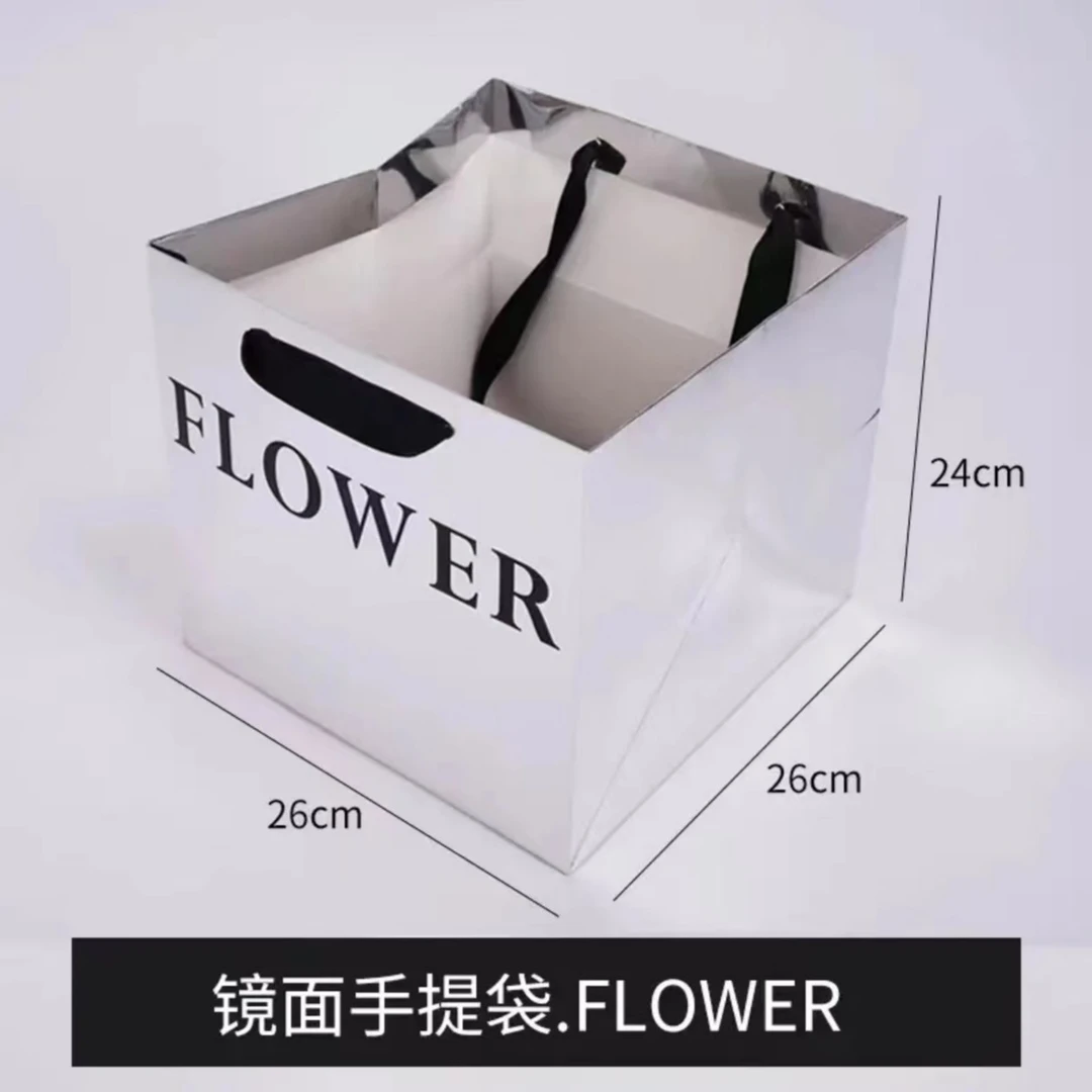 情人节正方形银色镜面FLOWER手提袋防水插花手拎袋花艺鲜花
