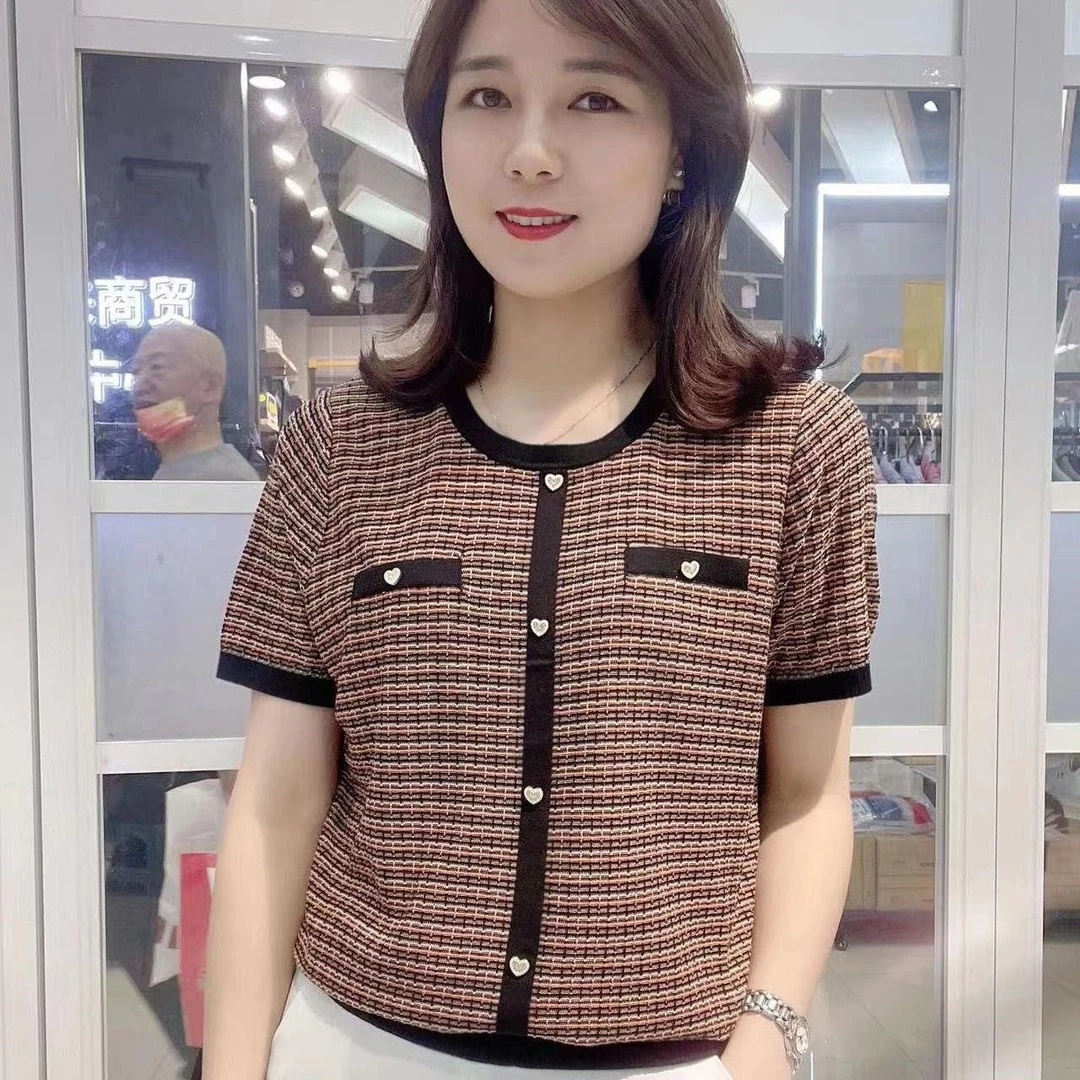 夏季新款高端妈妈装圆领宽松减龄短袖t恤洋气百搭中年妈妈装上衣