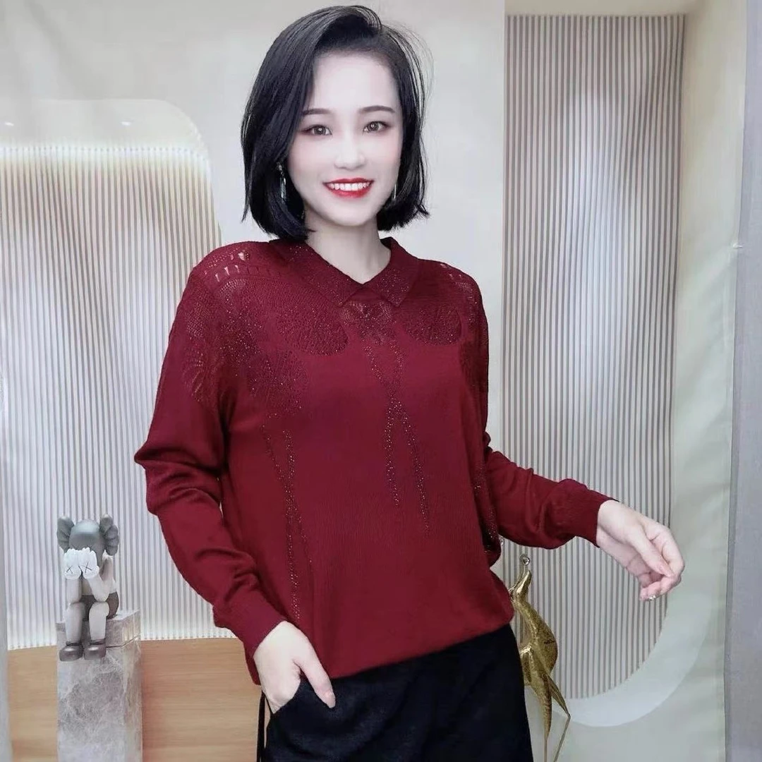 2025春秋新款气质镂空高级感针织衫女时尚百搭显瘦翻领上衣妈妈装