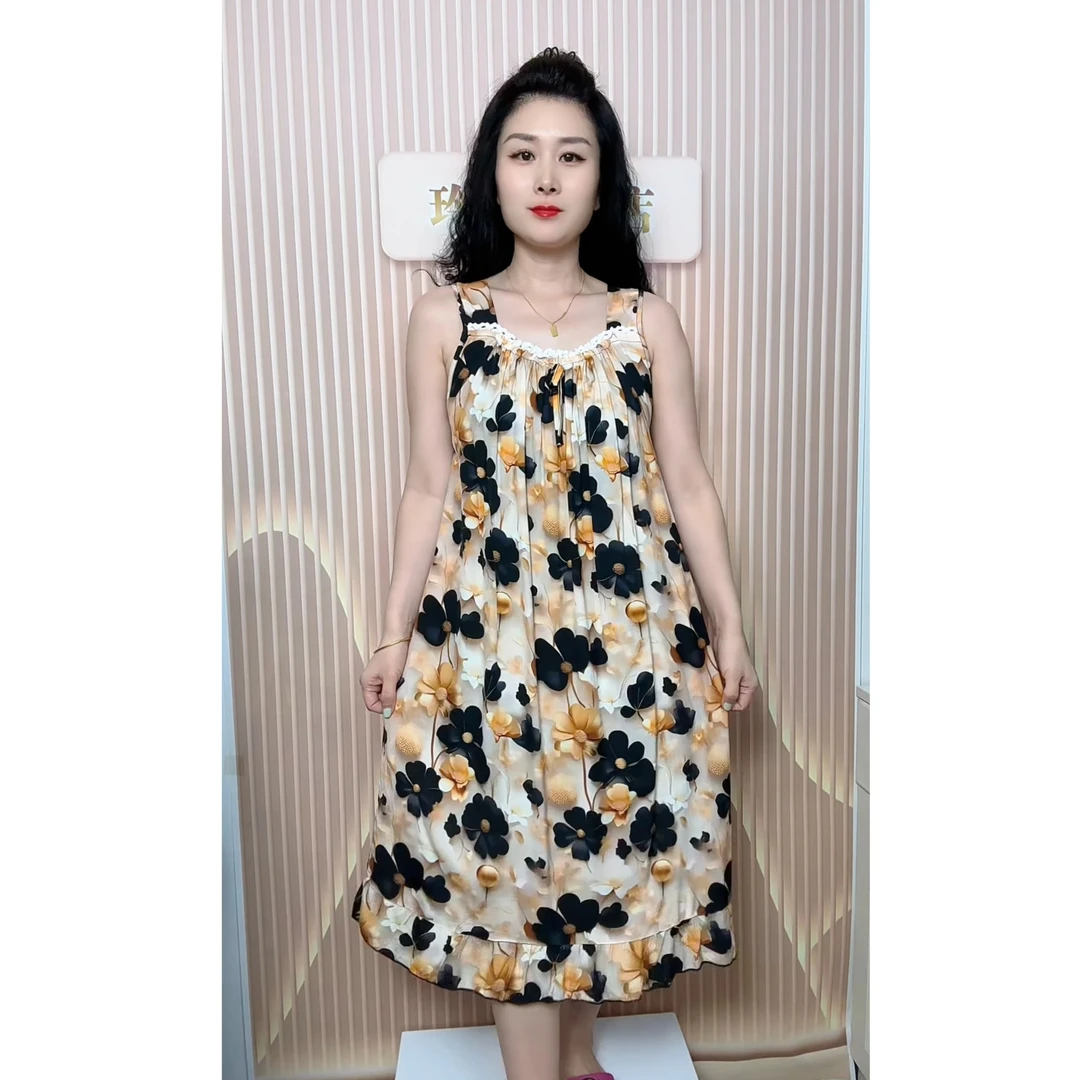 棉绸人造棉吊带女士中长款睡衣宽吊带裙显瘦气质夏季印花无袖韩版