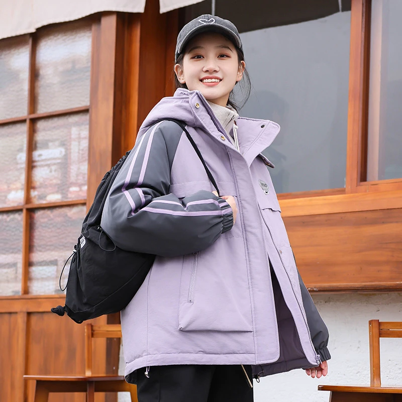 大码初中生冲锋衣外套加厚大童新款冬季2023高中学生棉衣派克服女