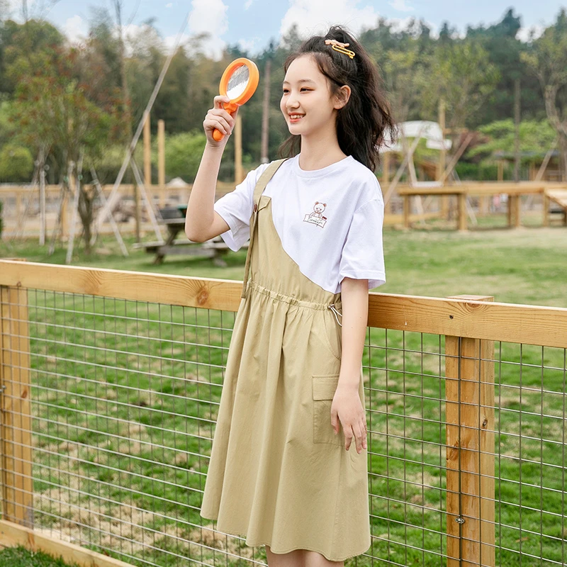 高中生夏季装少女孩新款连衣裙2023初中学生甜美时尚假两件长裙子
