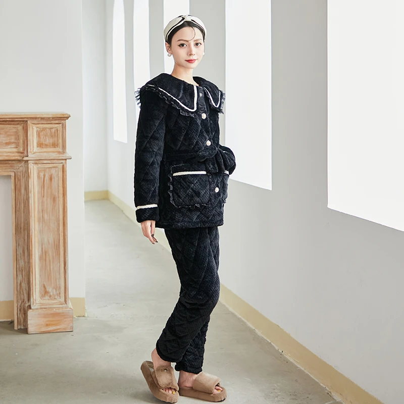 劲羽T1004冬季加厚加绒保暖睡衣套装时尚黑色洋气翻领秋冬优