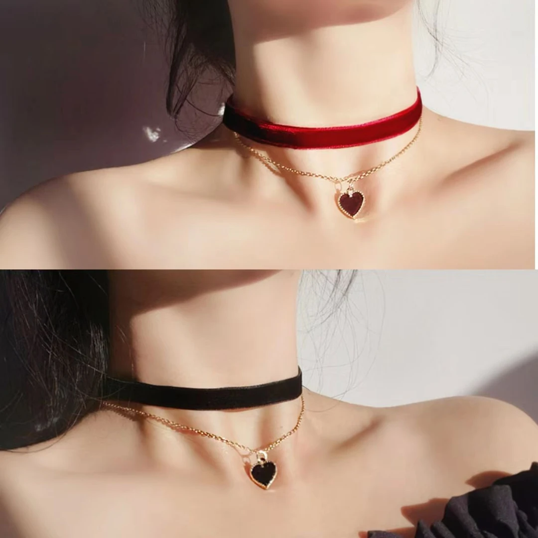 红色爱心双层锁骨链choker女高级设计感小众脖颈链敬酒服项链yw