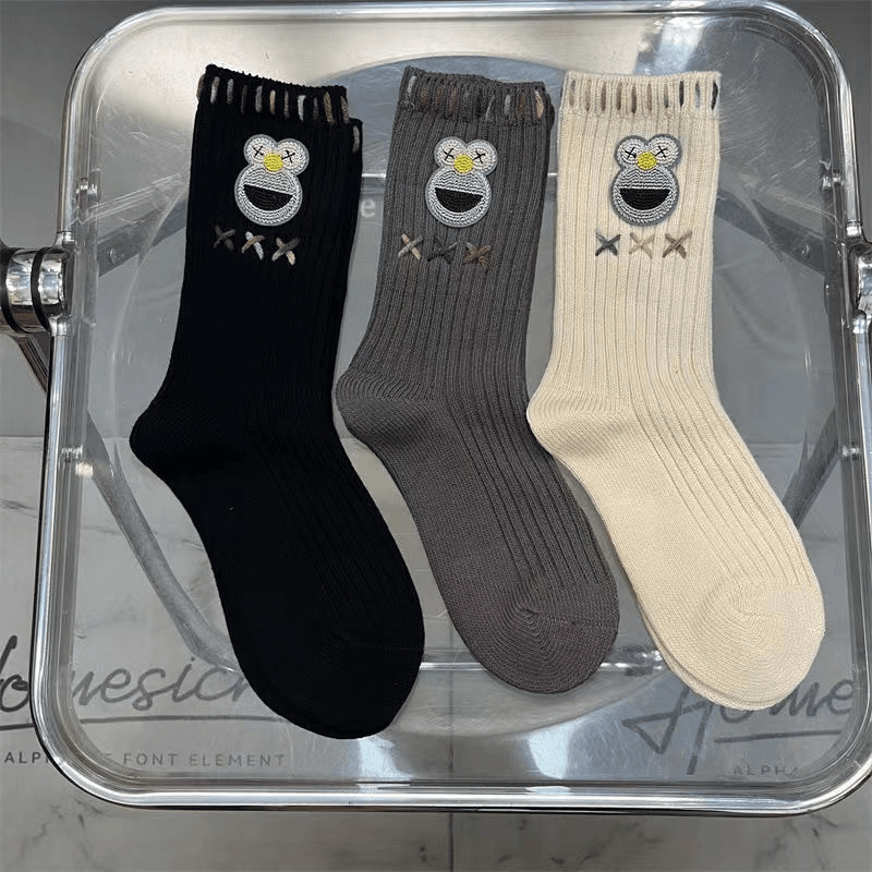 23秋冬新款ins袜子女个性潮袜粗线手工缝彩线青蛙网红时髦中筒袜