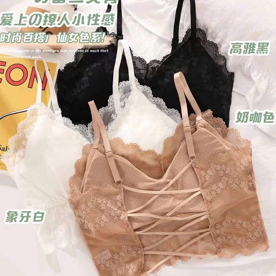 小雨家新款性感v领蕾丝美背吊带背心打底防走光无钢圈韩版网红