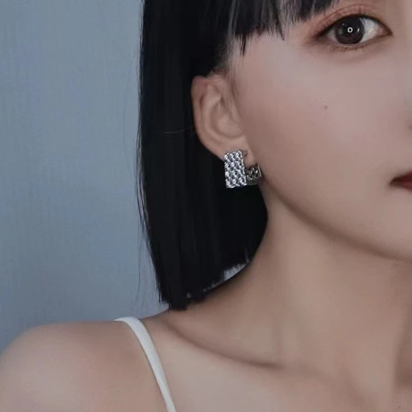 925银耳饰 E17851<菱格编织>方形耳扣时尚气质耳环女不过敏银耳饰