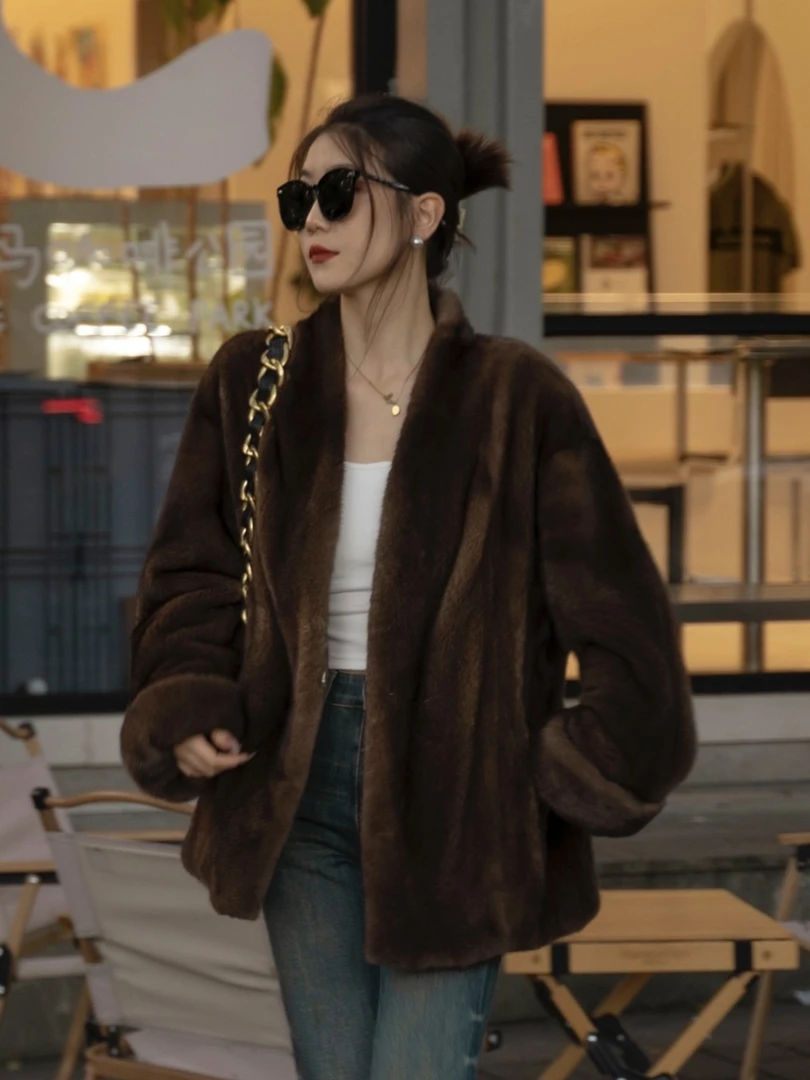 华丽园丹麦进口水貂天鹅绒短二中古色中大衣海宁水貂外套气质2980