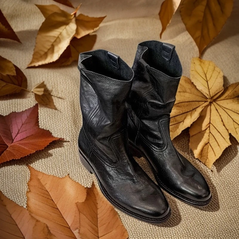 英伦风尖头V口粗跟西部靴女2024秋冬新款复古中跟百搭中筒马丁靴