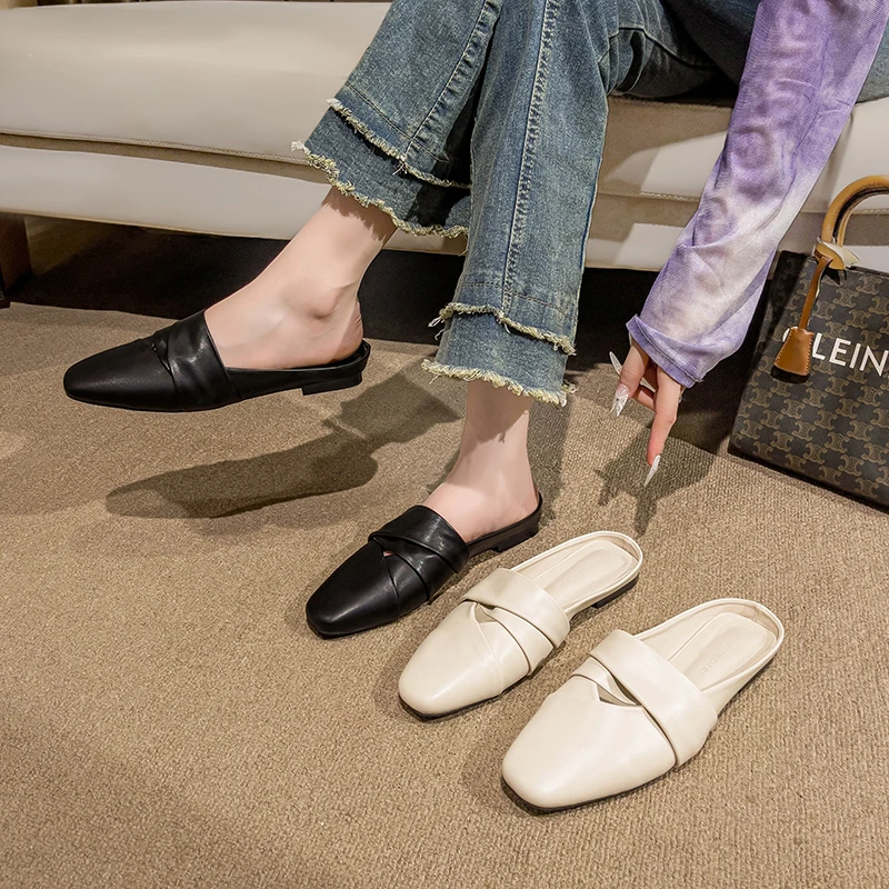 2025春夏季新款包头半拖鞋女夏外穿穆勒鞋方头平底鞋懒人高级感拖