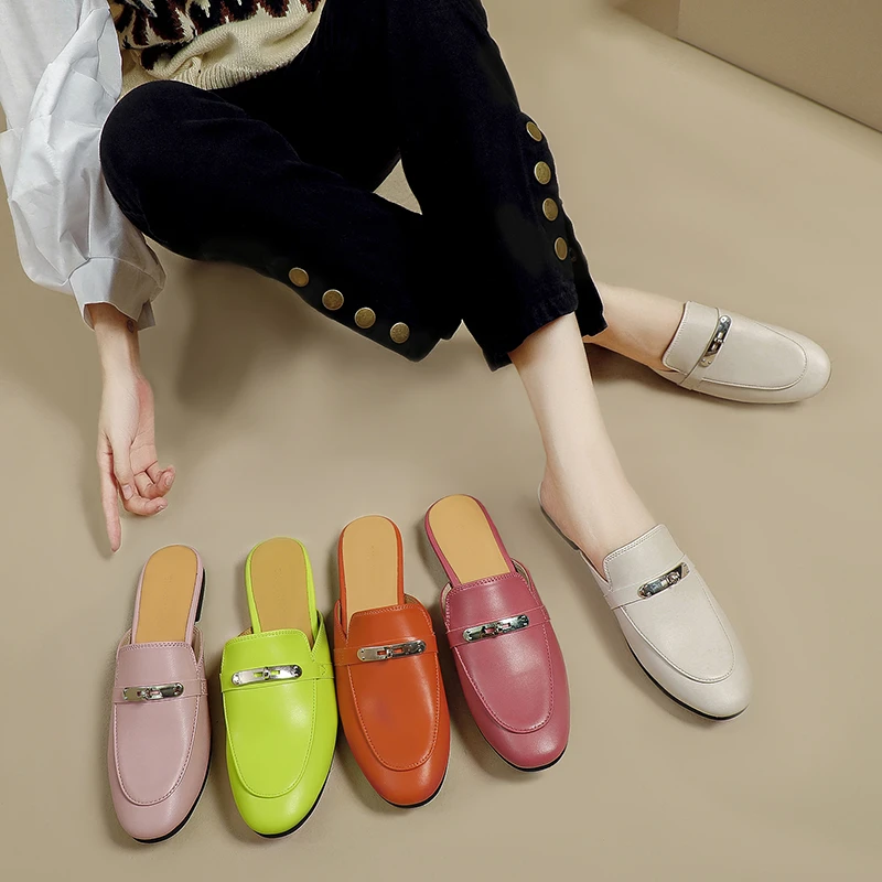 包头半拖鞋女夏外穿穆勒鞋2025新款平底鞋真皮网红懒人凉拖