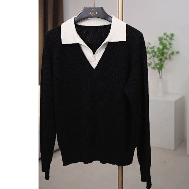 【轻奢-加厚】时尚黑白撞色翻领假两件套头纯羊毛衫女秋冬-2408133