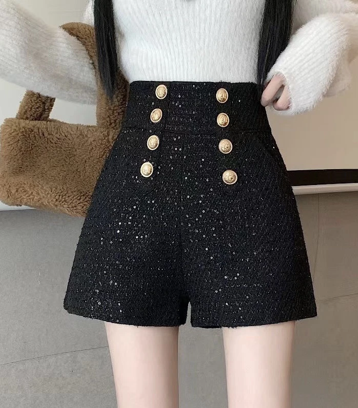 高腰亮片阔腿裤女2024新款秋冬小香风短裤休闲百搭小个子短裤